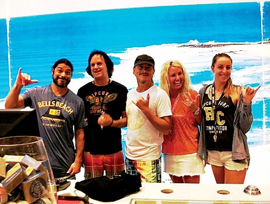 Metallica bassist Rob Trujillo, Steve Sullivan, guitarist Kirk Hammett, Di Damsa and Luca Emmwright at Ripcurl Coolangatta. Metallica bassist Rob Trujillo, Steve Sullivan, guitarist Kirk Hammett, Di Damsa and Luca Emmwright at Ripcurl Coolangatta.